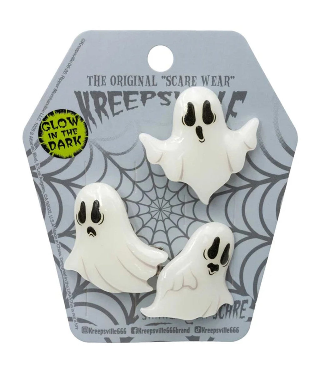 White Glow-in-the-Dark Ghost Hair Clip Trio - Unique Vintage - Hair Clips
