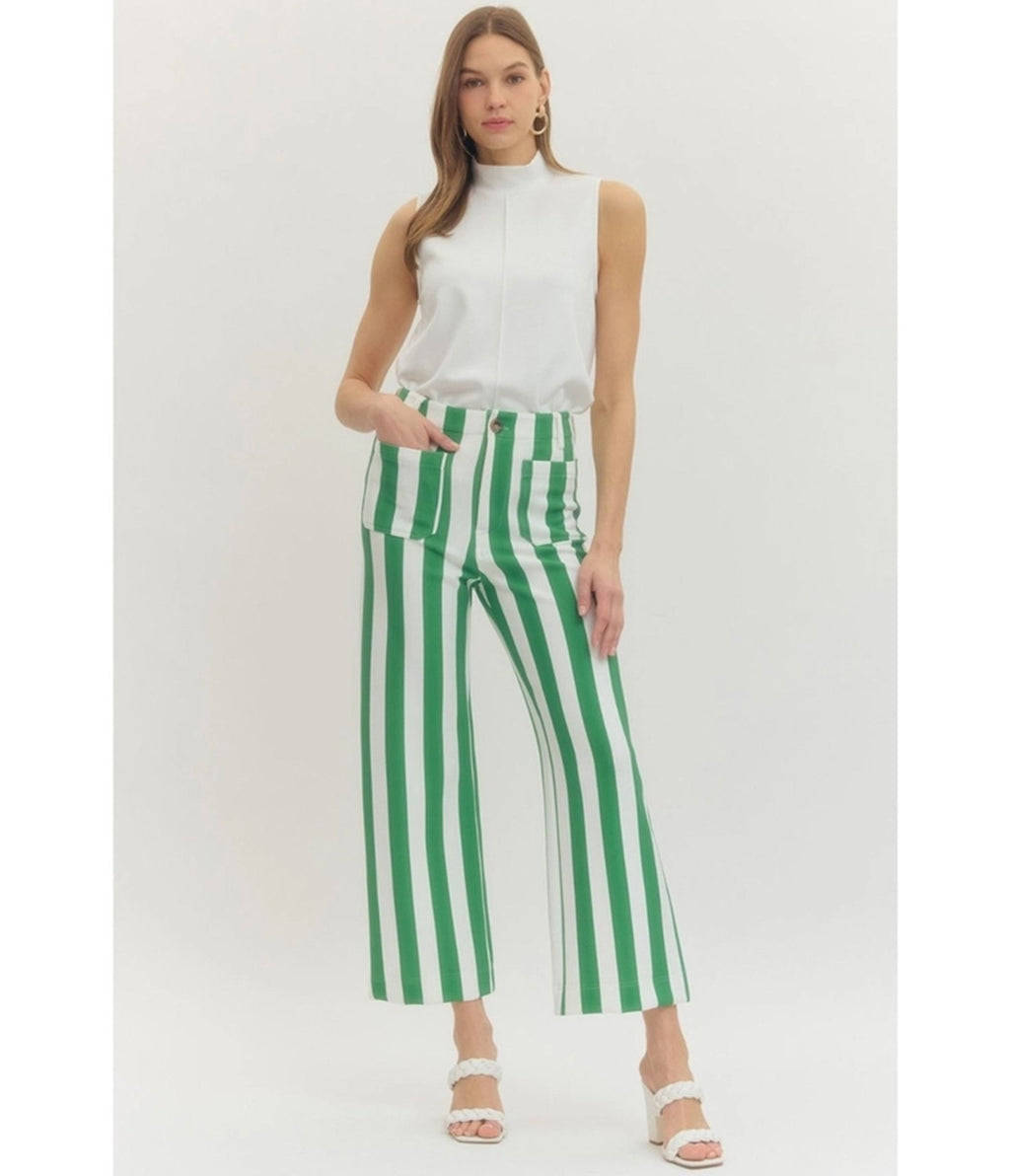 White & Green Striped Wide Leg Pants - Unique Vintage - Womens, BOTTOMS, PANTS