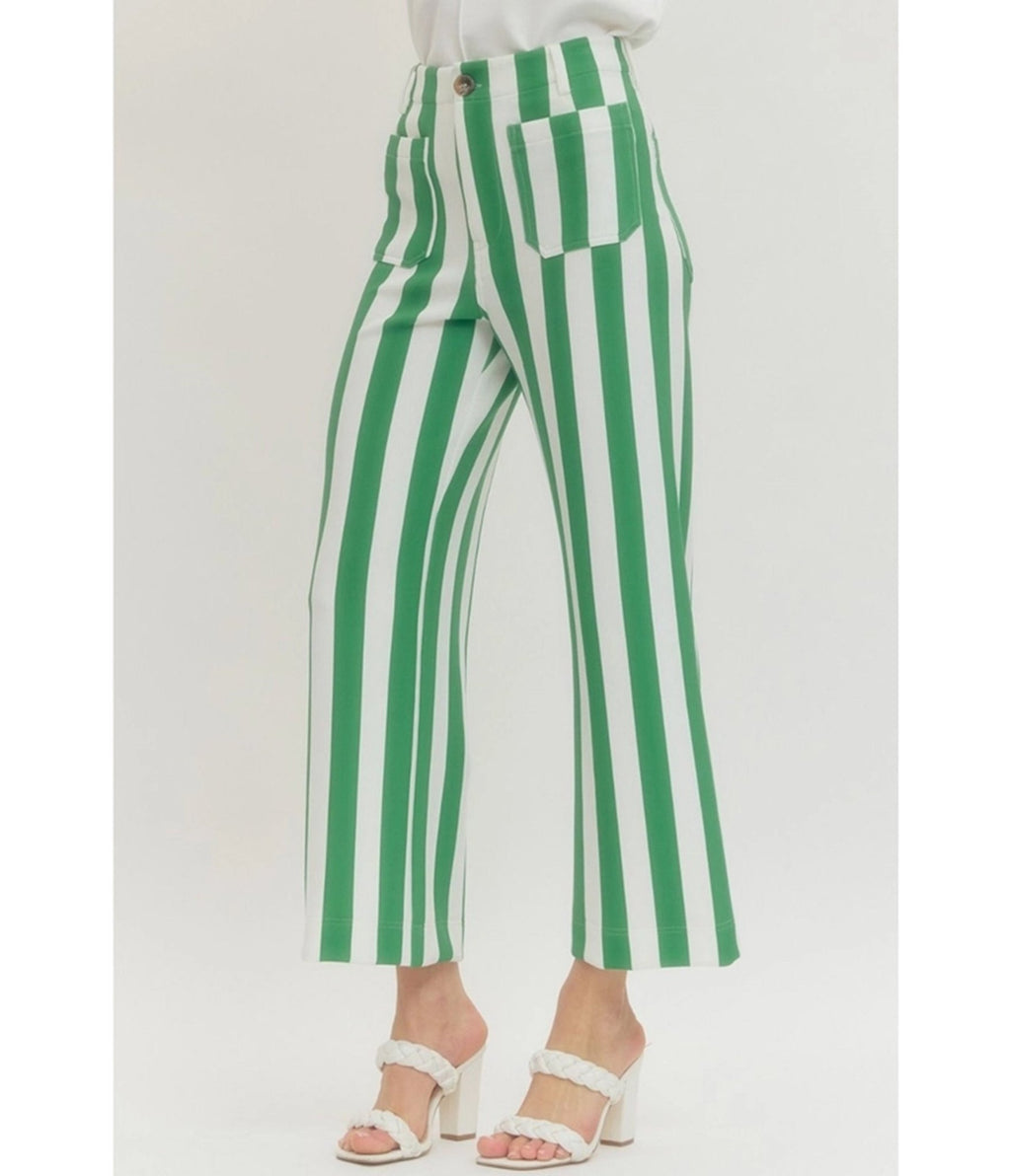 White & Green Striped Wide Leg Pants - Unique Vintage - Womens, BOTTOMS, PANTS
