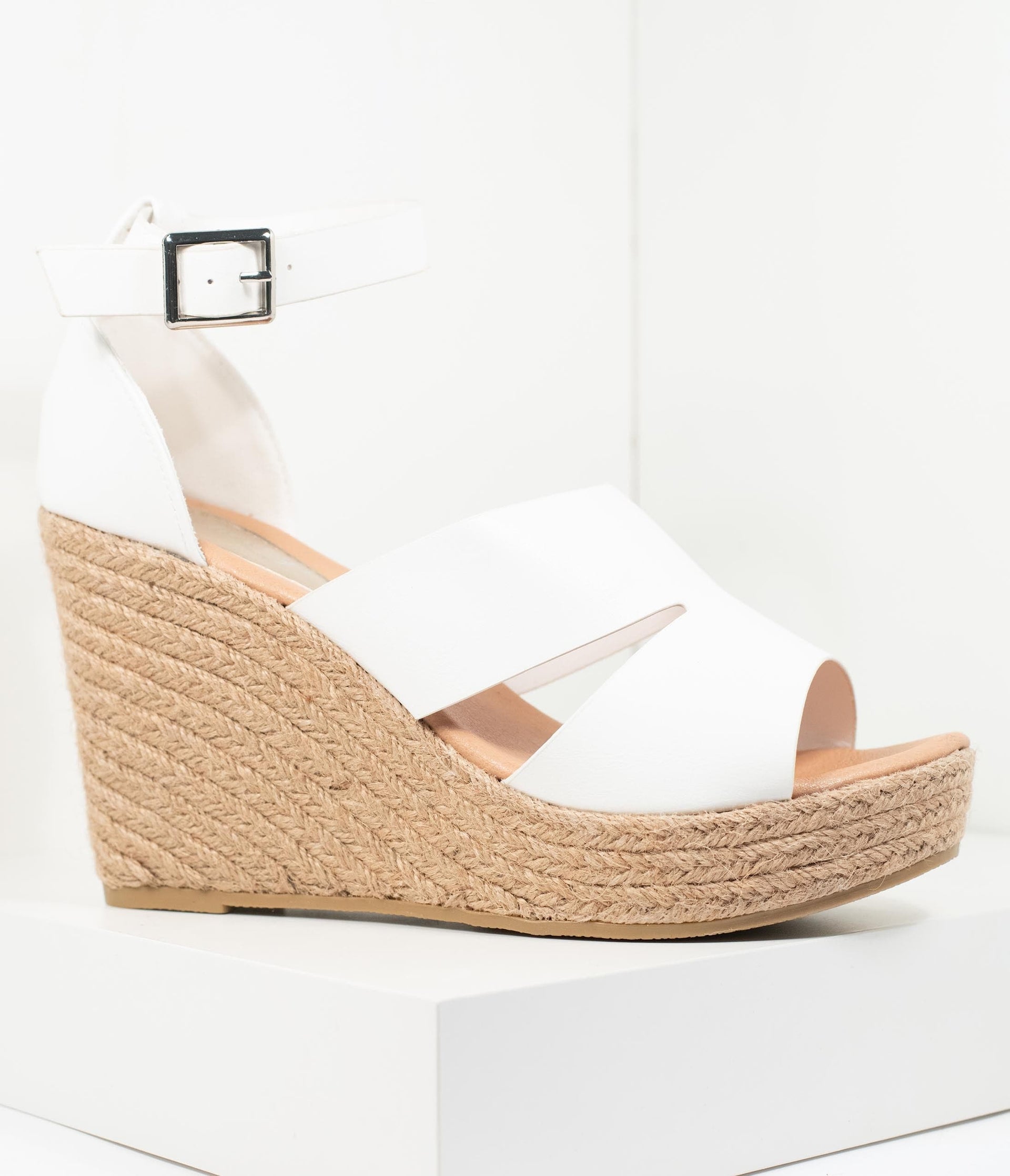 White Leatherette Espadrille Wedge Sandals - Unique Vintage - Womens, SHOES, HEELS