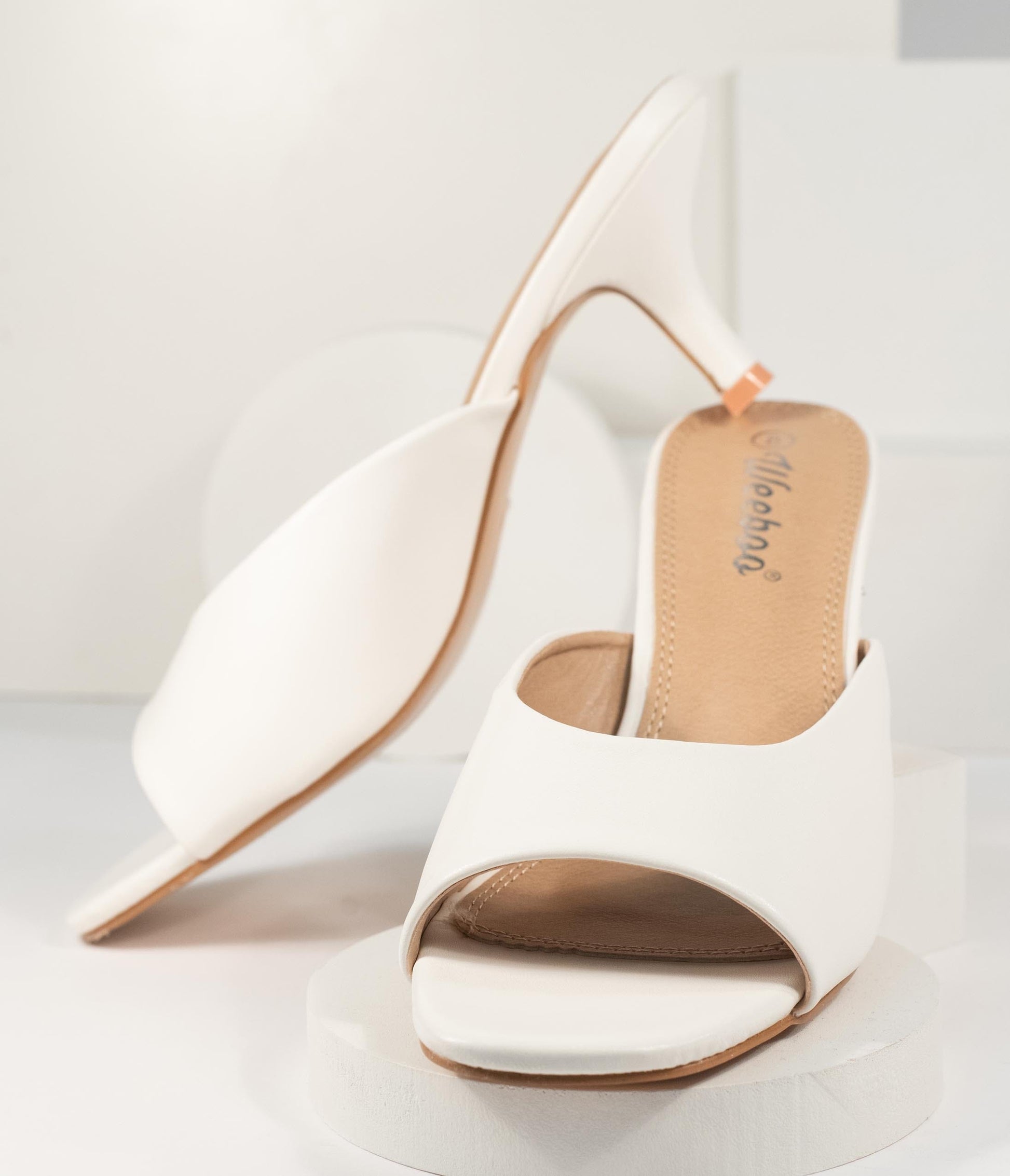 White Leatherette Peep Toe Kitten Heels - Unique Vintage - Womens, SHOES, HEELS