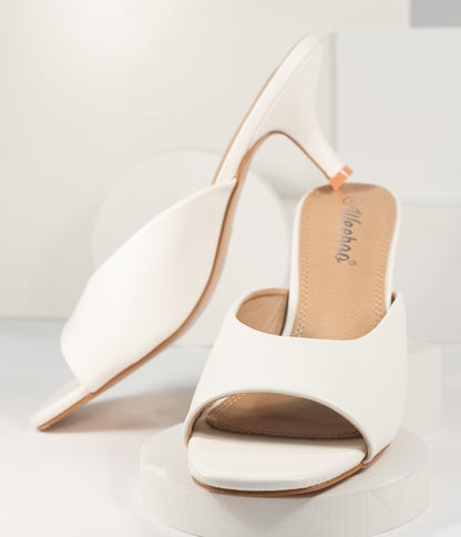 White Leatherette Peep Toe Kitten Heels - Unique Vintage - Womens, SHOES, HEELS