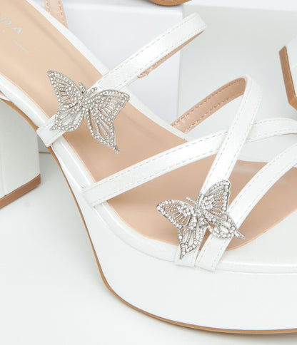 White Leatherette & Rhinestone Butterfly Platform Sandals - Unique Vintage - Womens, SHOES, SANDALS
