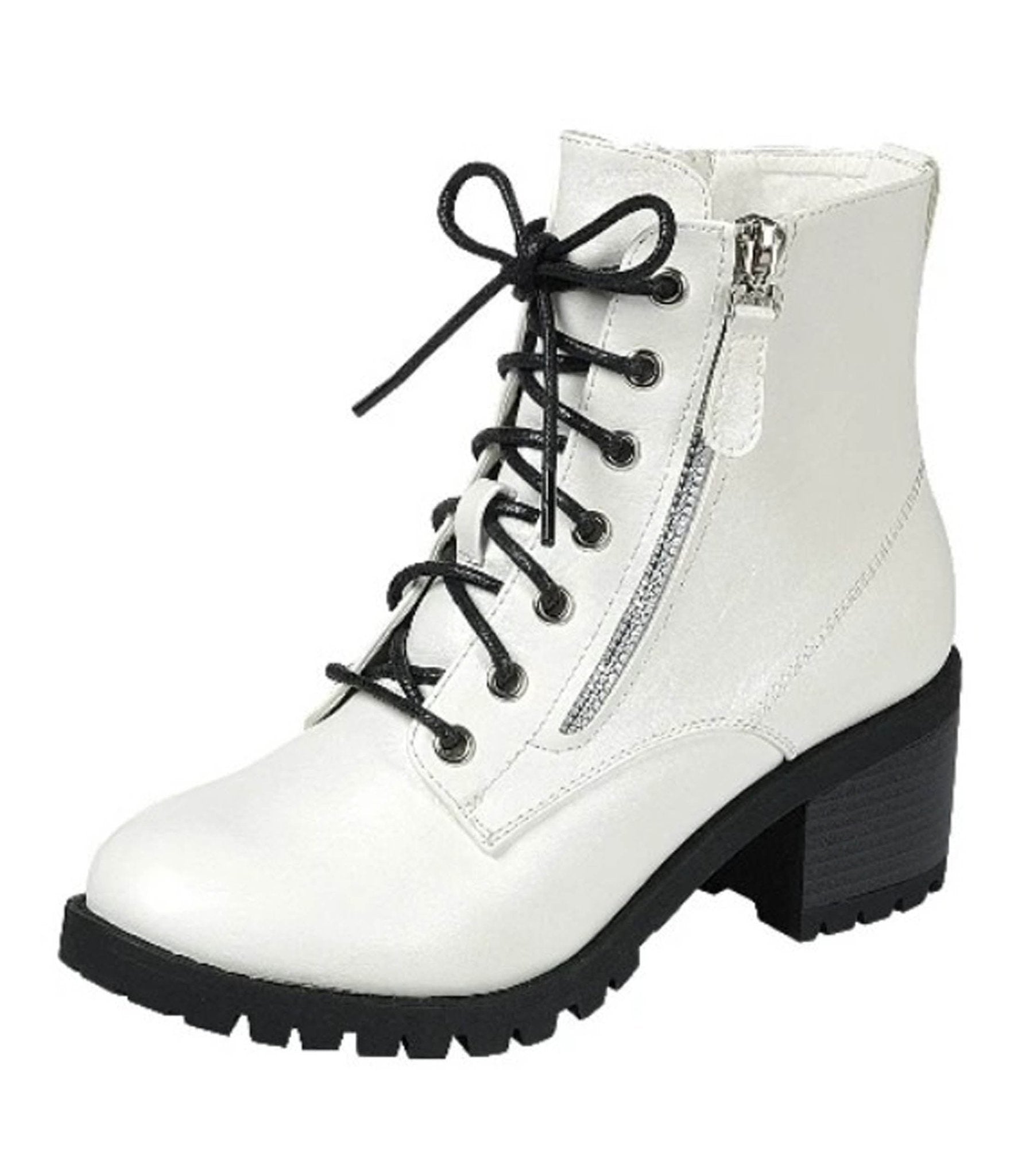 White Patent Leatherette Combat Boots - Unique Vintage - Womens, SHOES, BOOTS