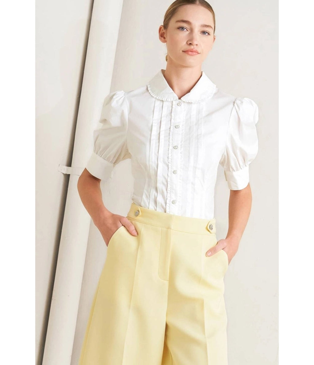 White Pleated Puff Sleeve Blouse - Unique Vintage - Womens, TOPS, WOVEN TOPS