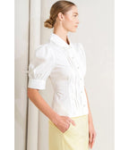 White Pleated Puff Sleeve Blouse - Unique Vintage - Womens, TOPS, WOVEN TOPS