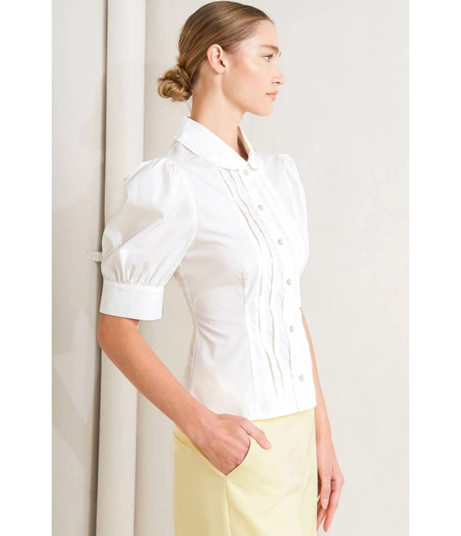 White Pleated Puff Sleeve Blouse - Unique Vintage - Womens, TOPS, WOVEN TOPS