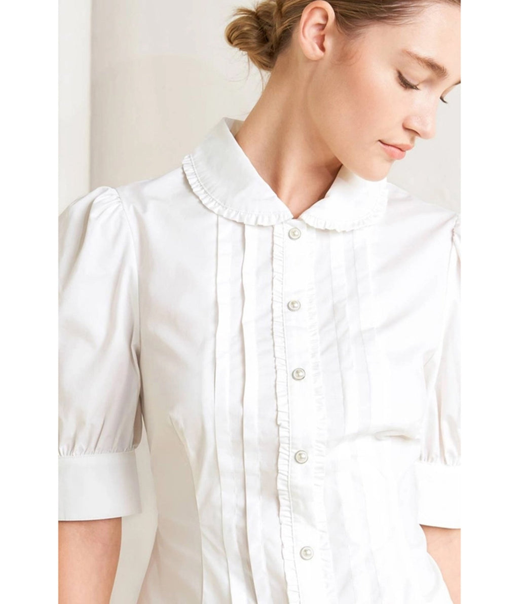 White Pleated Puff Sleeve Blouse - Unique Vintage - Womens, TOPS, WOVEN TOPS