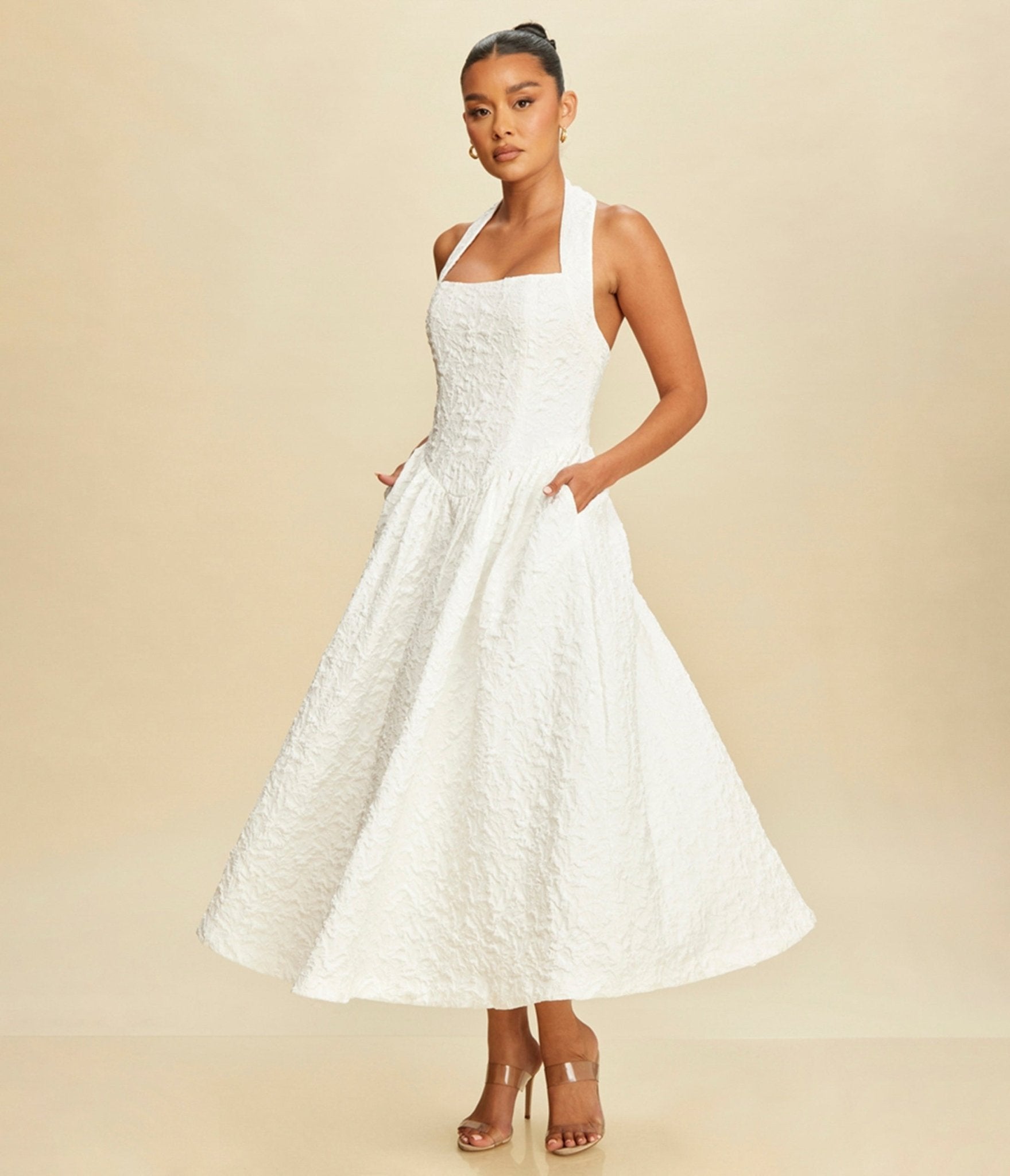 White Puff Jacquard Midi Dress - Unique Vintage - Womens, DRESSES, MIDI