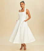 White Puff Jacquard Midi Dress - Unique Vintage - Womens, DRESSES, MIDI