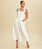 White Puff Jacquard Midi Dress - Unique Vintage - Womens, DRESSES, MIDI