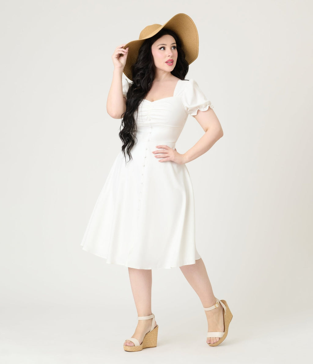White Puff Sleeve Tea Length Dress - Unique Vintage - Womens, DRESSES, FIT AND FLARE