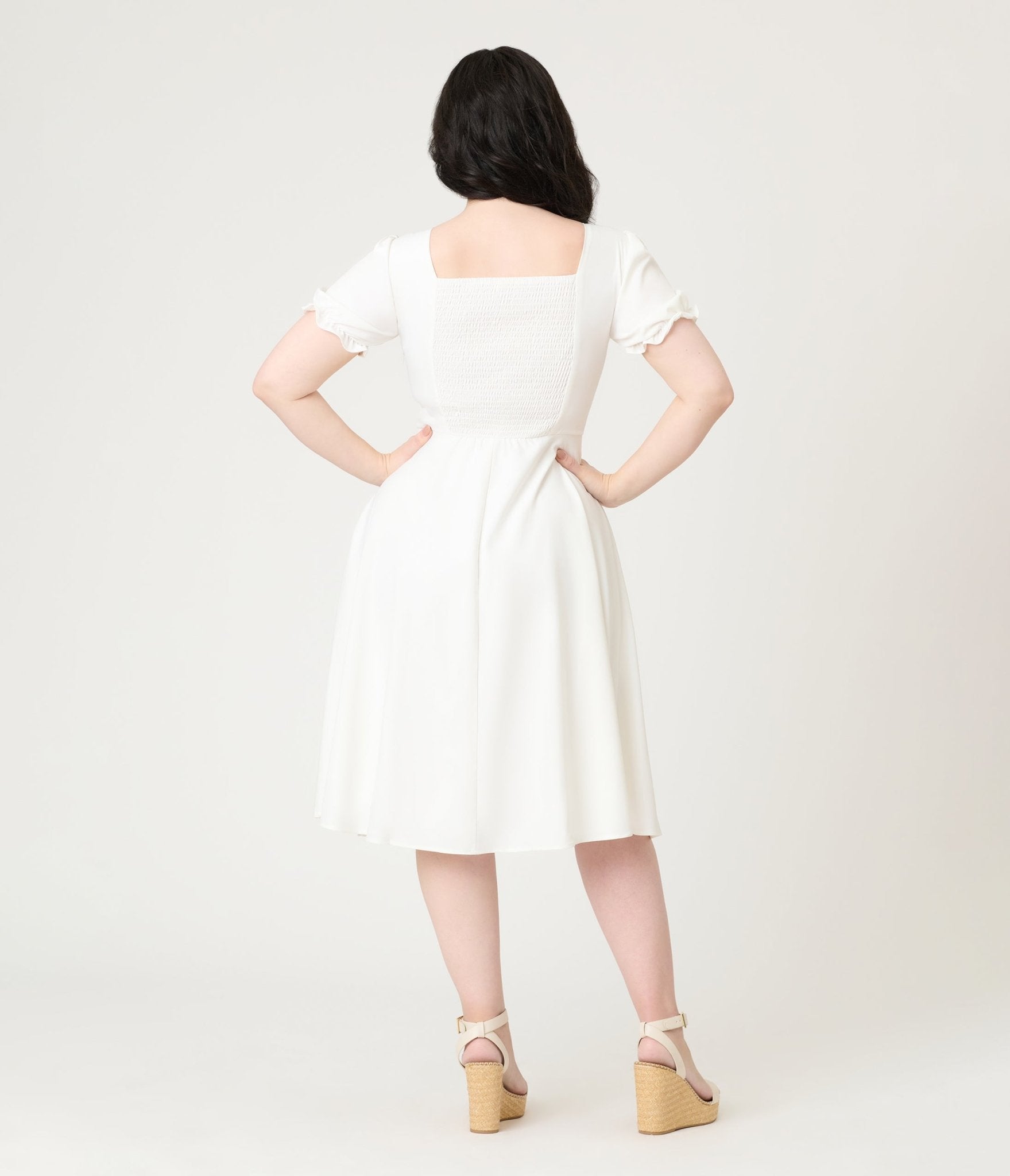 White Puff Sleeve Tea Length Dress - Unique Vintage - Womens, DRESSES, FIT AND FLARE