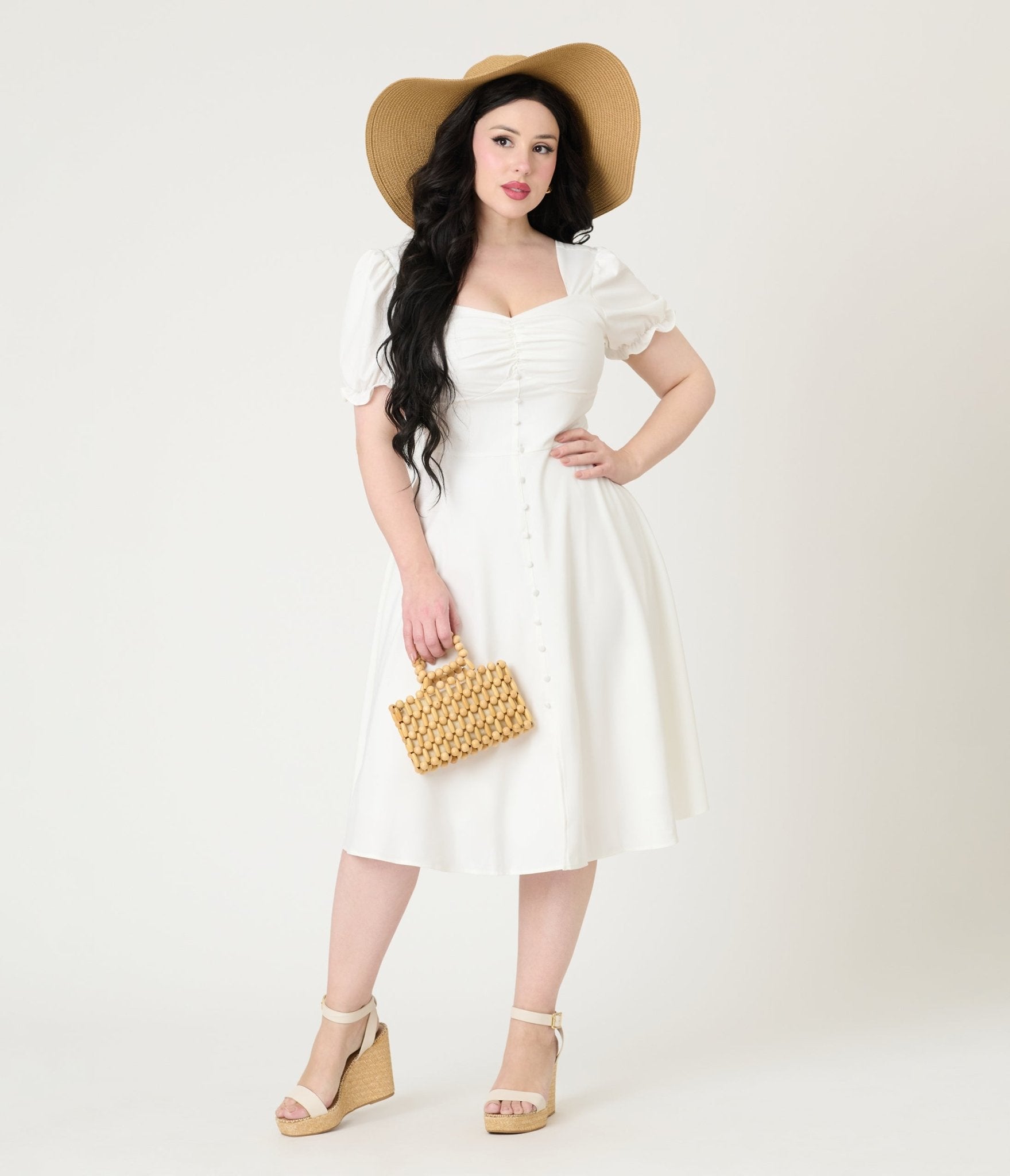 White Puff Sleeve Tea Length Dress - Unique Vintage - Womens, DRESSES, FIT AND FLARE