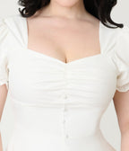 White Puff Sleeve Tea Length Dress - Unique Vintage - Womens, DRESSES, FIT AND FLARE