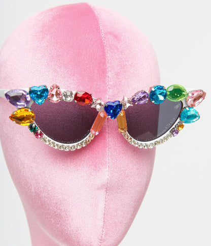 White & Rainbow Gemstone Cat Eye Sunglasses - Unique Vintage - Womens, ACCESSORIES, SUNGLASSES