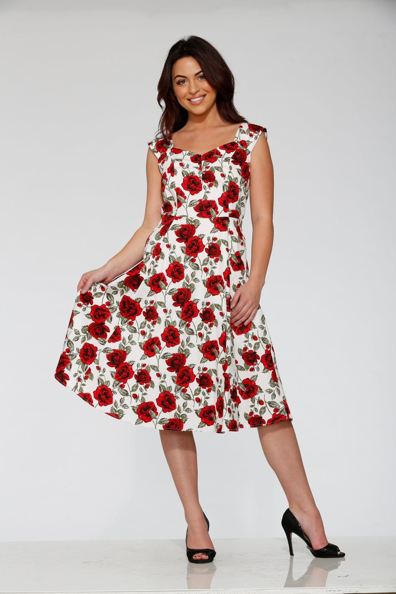 White & Red Rose Swing Dress - Unique Vintage - Womens, DRESSES, SWING