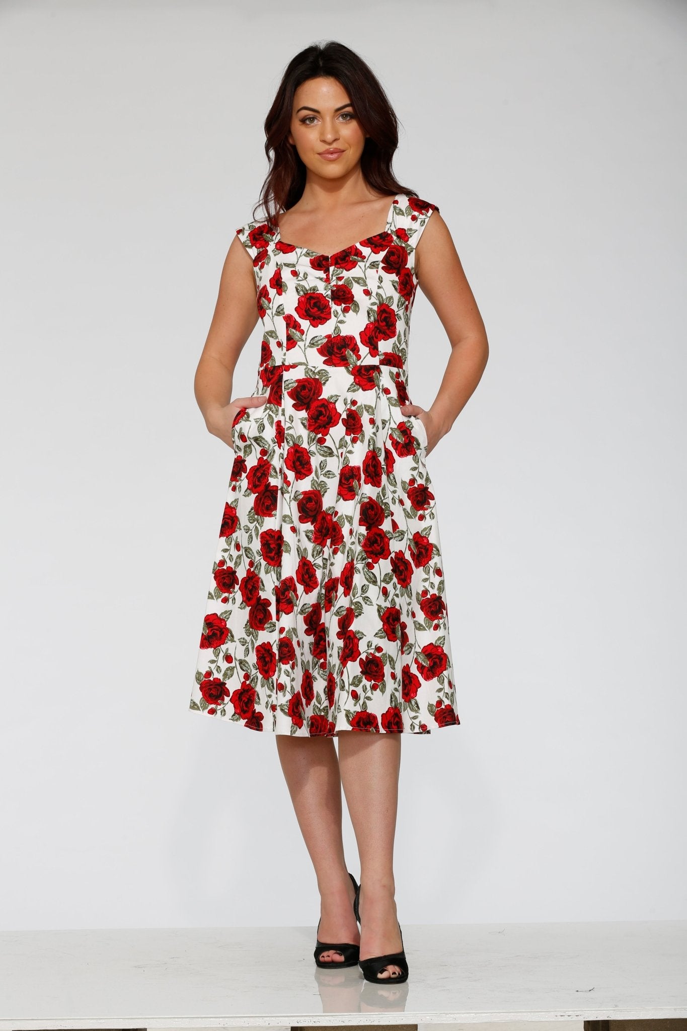 White & Red Rose Swing Dress - Unique Vintage - Womens, DRESSES, SWING