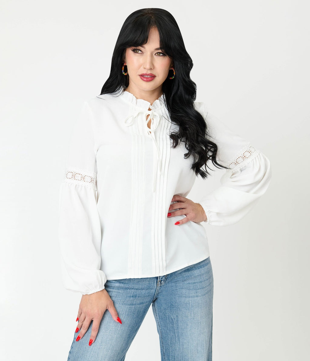 White Ruffle Collar Blouse - Unique Vintage - Womens, TOPS, WOVEN TOPS