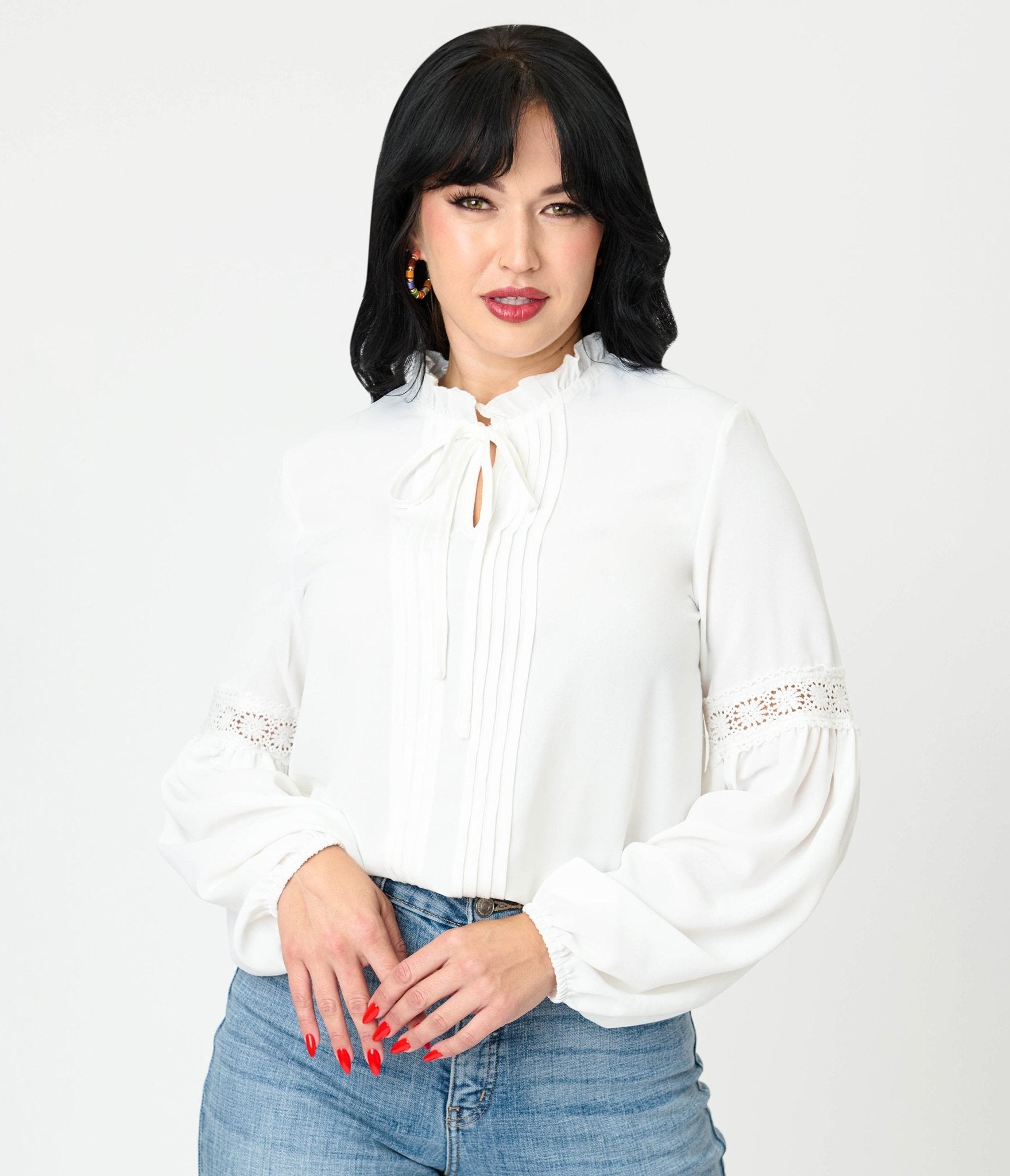 White Ruffle Collar Blouse - Unique Vintage - Womens, TOPS, WOVEN TOPS