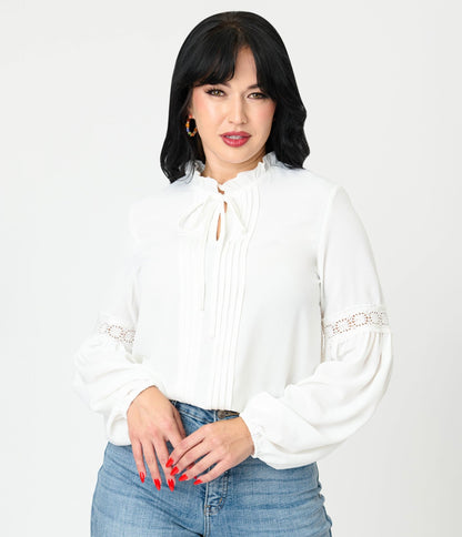 White Ruffle Collar Blouse - Unique Vintage - Womens, TOPS, WOVEN TOPS