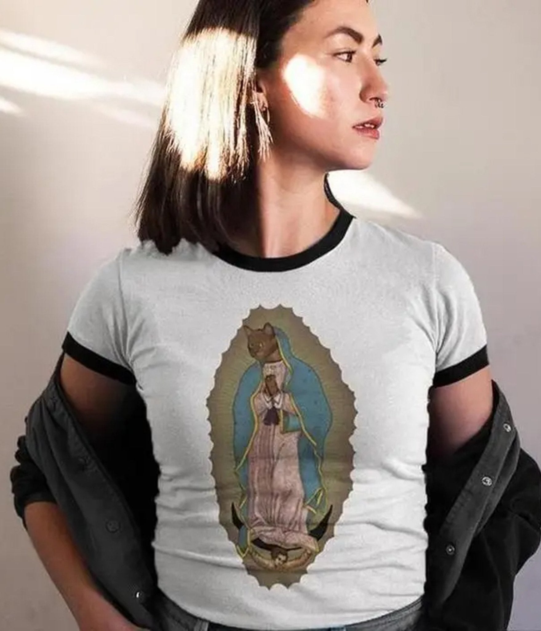 White Sacred Cat Graphic Ringer Tee - Unique Vintage - Womens, GRAPHIC TEES, TEES