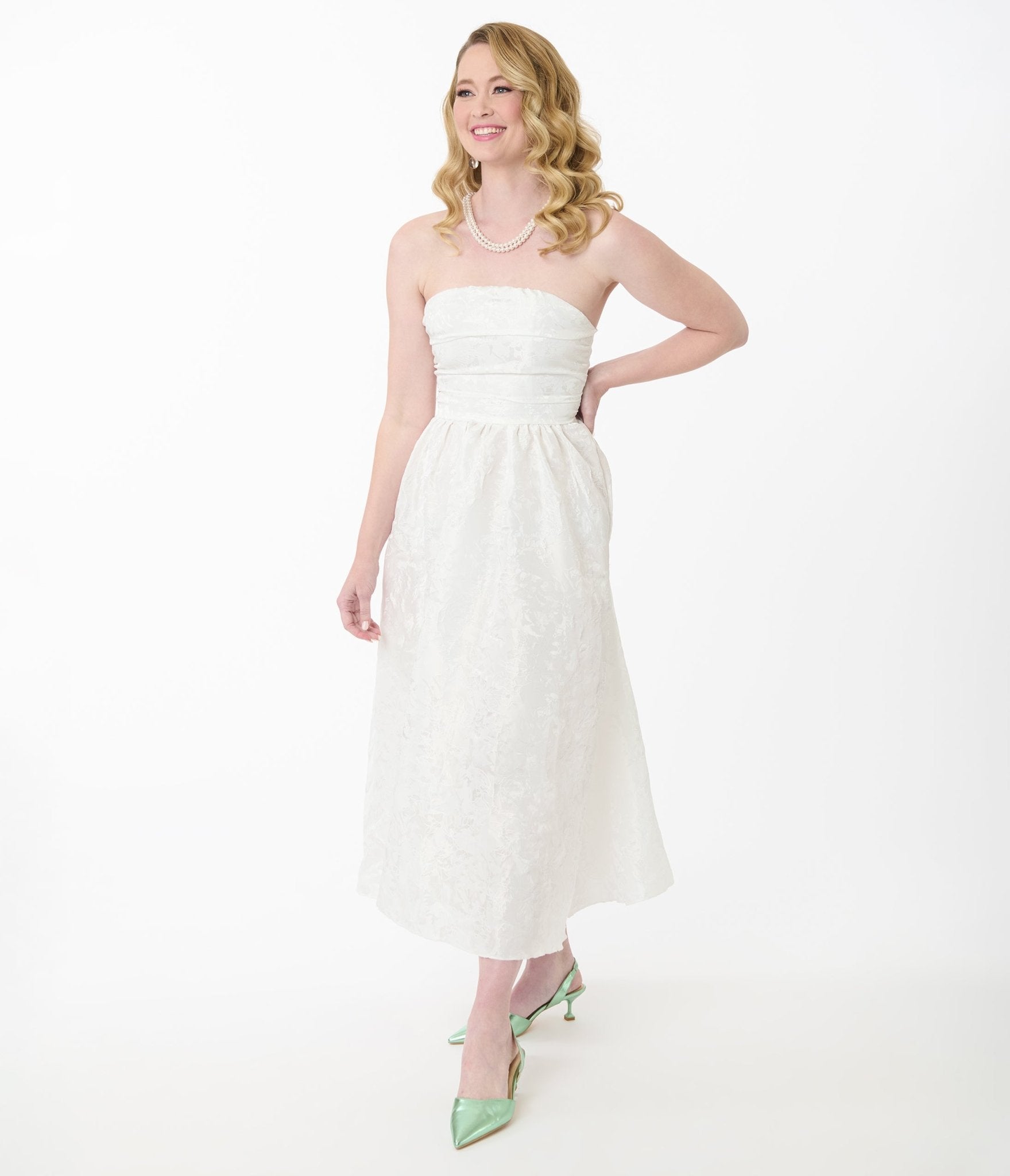 White Satin Jacquard Bandeau Midi Dress - Unique Vintage - Womens, DRESSES, MIDI