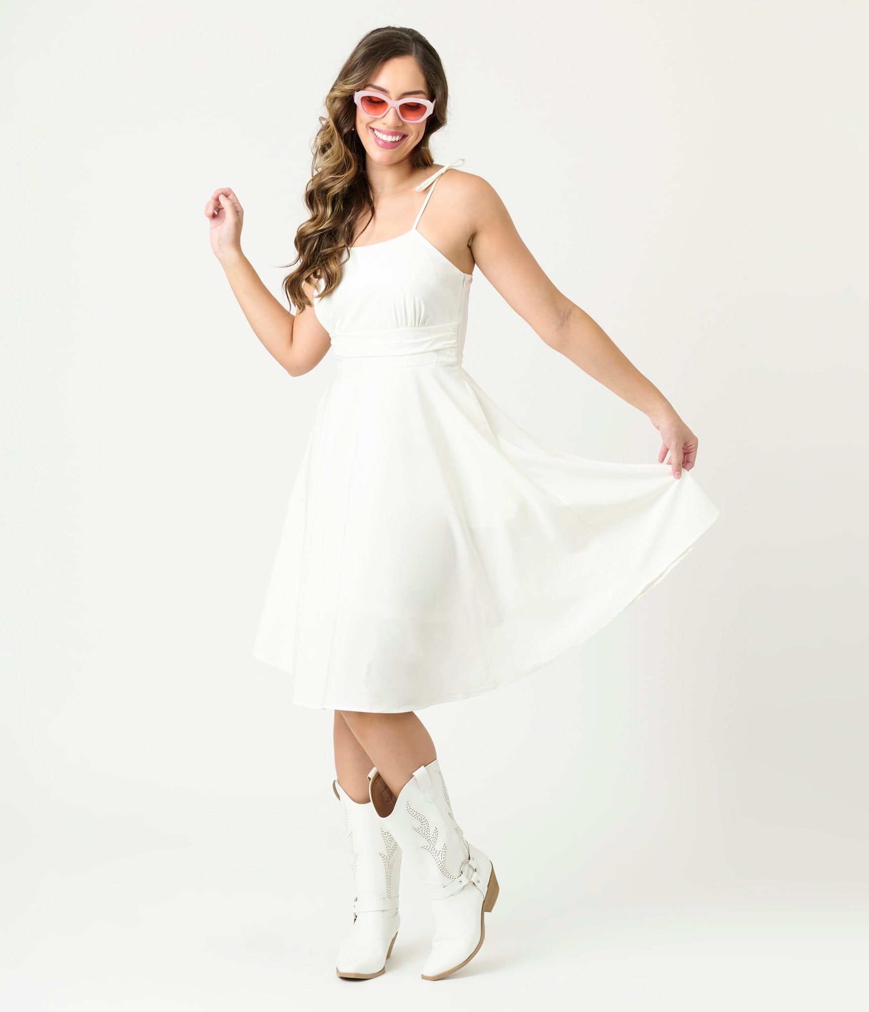 White Tea Length Fit & Flare Dress - Unique Vintage - Womens, DRESSES, FIT AND FLARE
