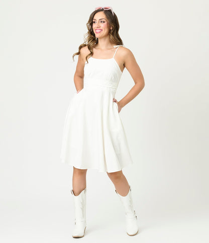 White Tea Length Fit & Flare Dress - Unique Vintage - Womens, DRESSES, FIT AND FLARE