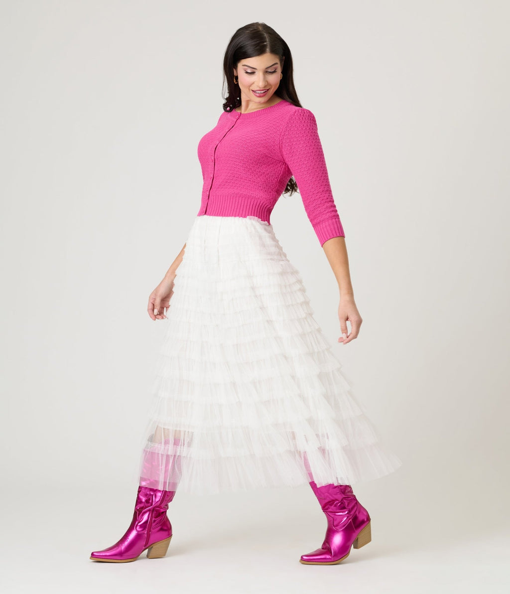 White Tiered Tulle Romantic Ruffles Midi Skirt - Unique Vintage - Womens, BOTTOMS, SKIRTS