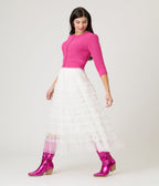 White Tiered Tulle Romantic Ruffles Midi Skirt - Unique Vintage - Womens, BOTTOMS, SKIRTS