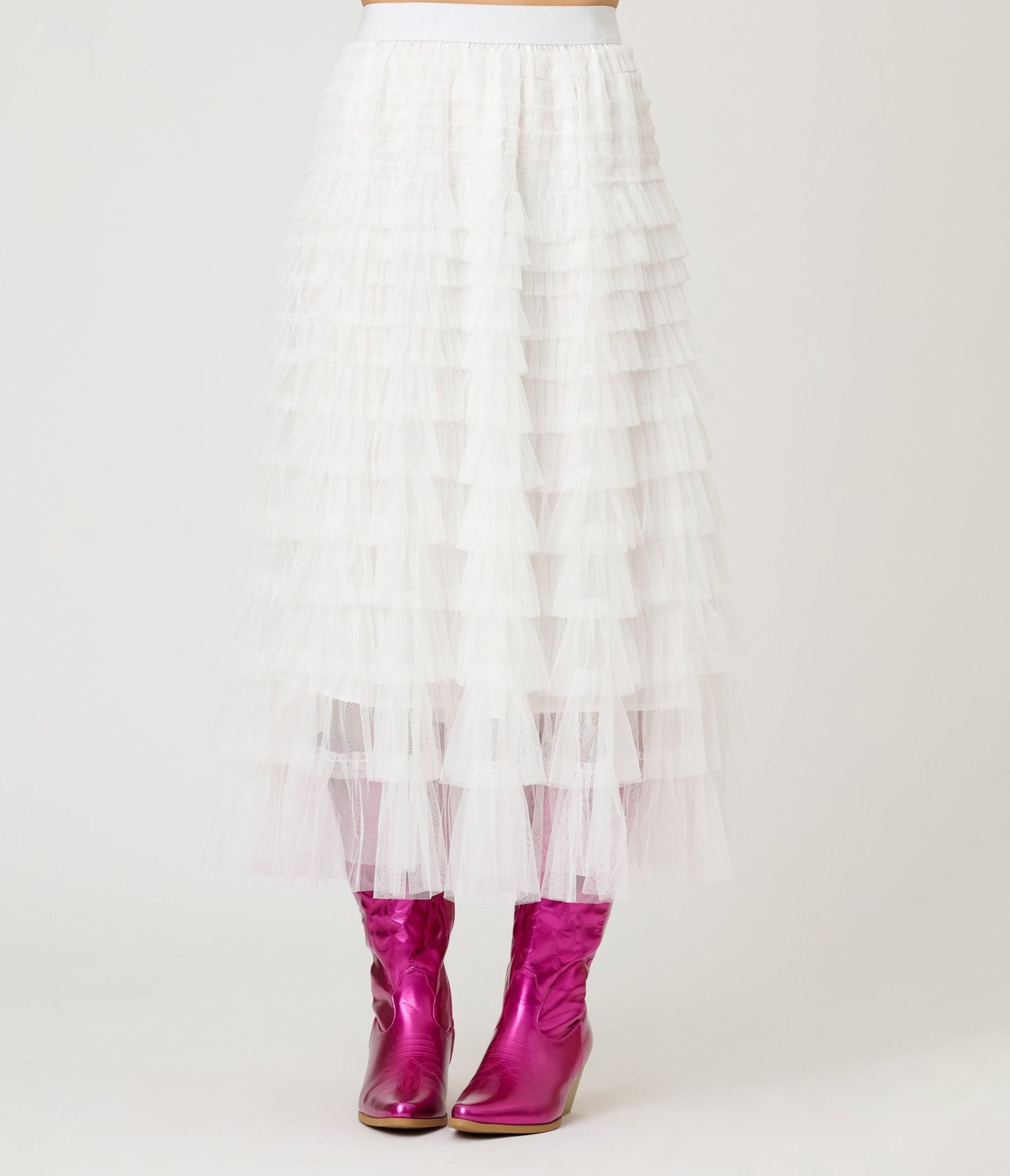 White Tiered Tulle Romantic Ruffles Midi Skirt - Unique Vintage - Womens, BOTTOMS, SKIRTS
