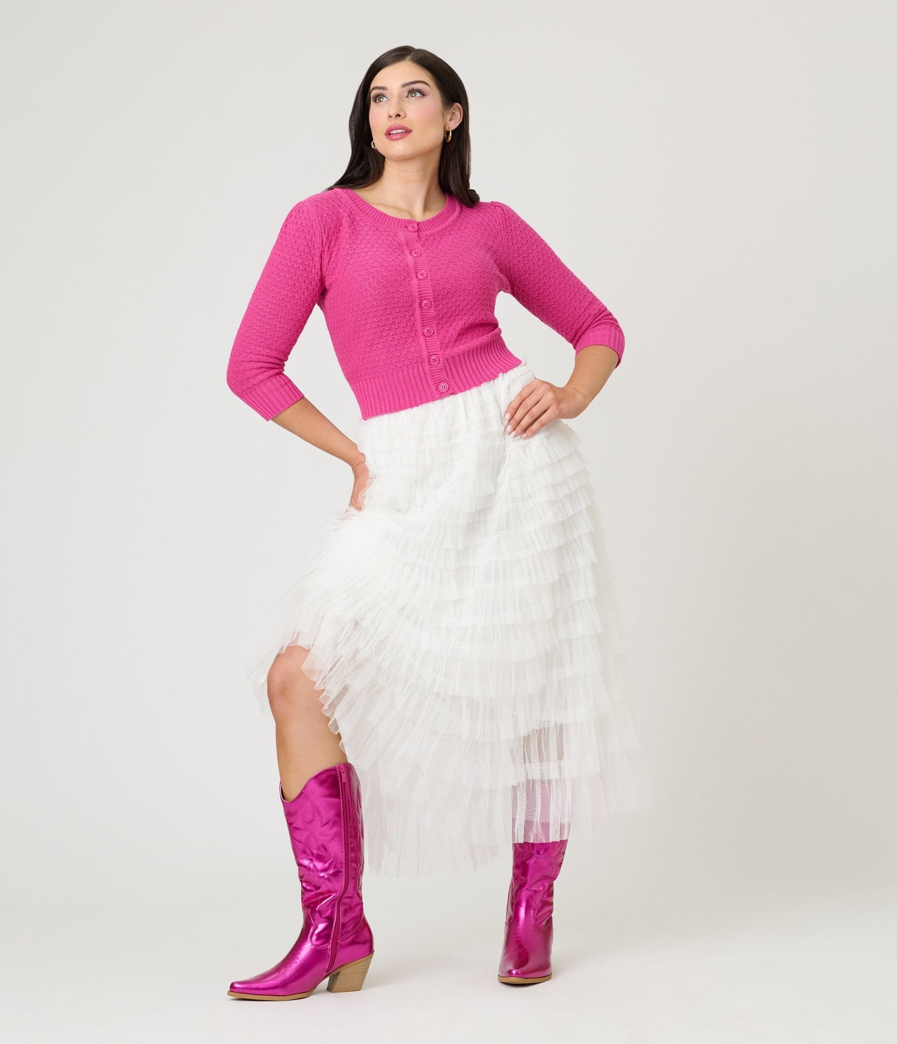 White Tiered Tulle Romantic Ruffles Midi Skirt - Unique Vintage - Womens, BOTTOMS, SKIRTS