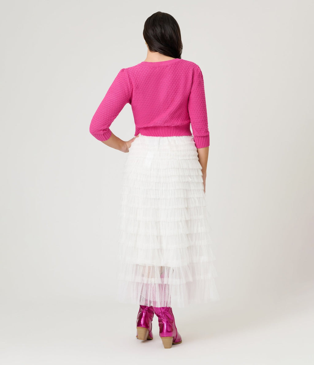 White Tiered Tulle Romantic Ruffles Midi Skirt - Unique Vintage - Womens, BOTTOMS, SKIRTS
