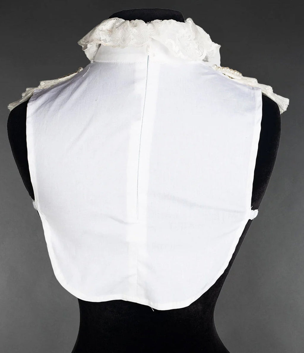 White Victorian Lace Ruffle & Pearl Cameo Collar - Unique Vintage - Scarves