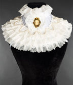 White Victorian Lace Ruffle & Pearl Cameo Collar - Unique Vintage - Scarves