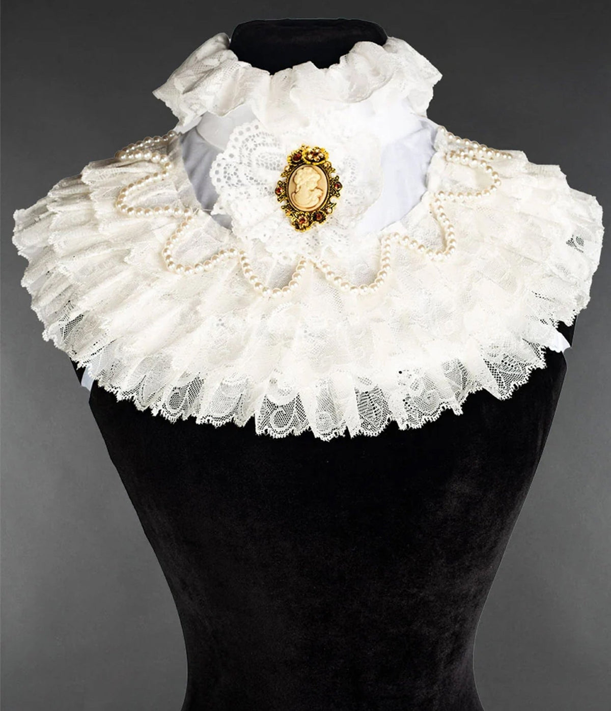 White Victorian Lace Ruffle & Pearl Cameo Collar - Unique Vintage - Scarves