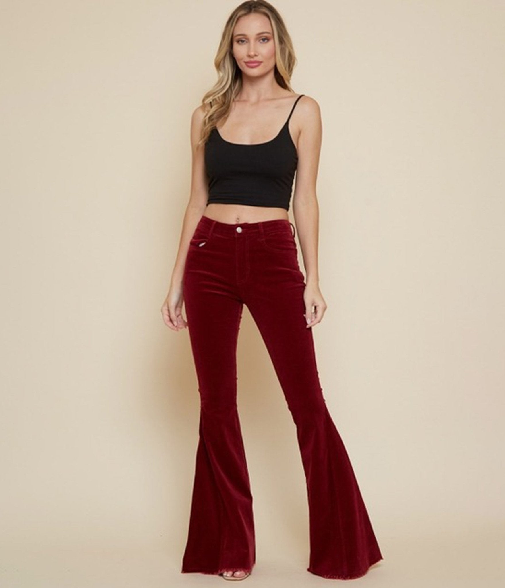 Wine Corduroy Flared Distressed Hem Pants - Unique Vintage - Womens, BOTTOMS, PANTS