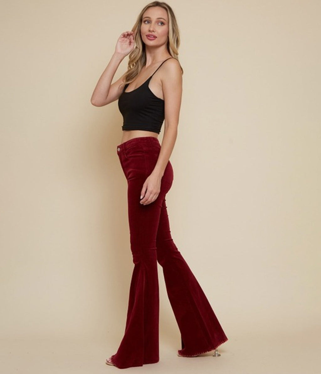Wine Corduroy Flared Distressed Hem Pants - Unique Vintage - Womens, BOTTOMS, PANTS