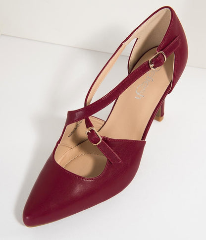 Wine Red Leatherette Cross Strap Pointed Toe Pumps - Unique Vintage - Womens, SHOES, HEELS