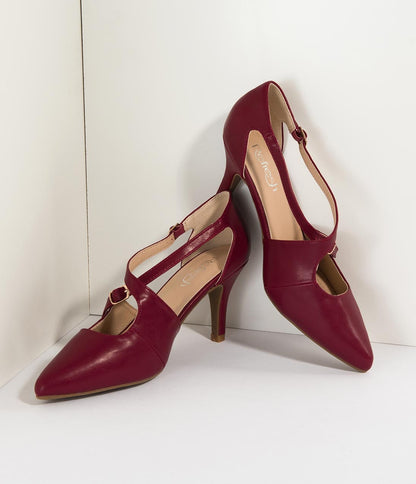 Wine Red Leatherette Cross Strap Pointed Toe Pumps - Unique Vintage - Womens, SHOES, HEELS