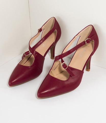 Wine Red Leatherette Cross Strap Pointed Toe Pumps - Unique Vintage - Womens, SHOES, HEELS