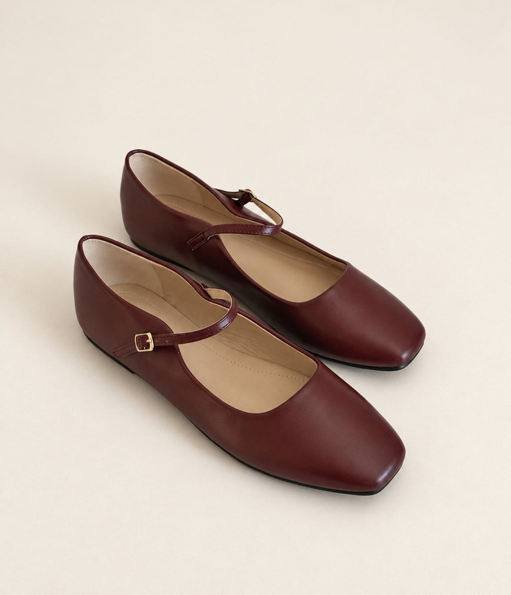 Wine Square Toe Mary Jane Flats - Unique Vintage - Womens, SHOES, FLATS