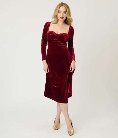 Wine Velvet Sweetheart Midi Dress - Unique Vintage - Womens, DRESSES, MIDI