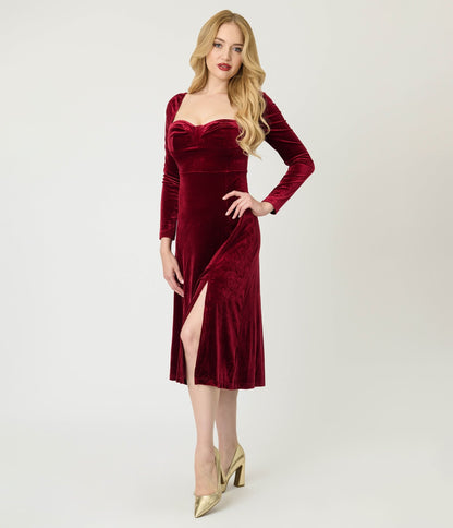 Wine Velvet Sweetheart Midi Dress - Unique Vintage - Womens, DRESSES, MIDI