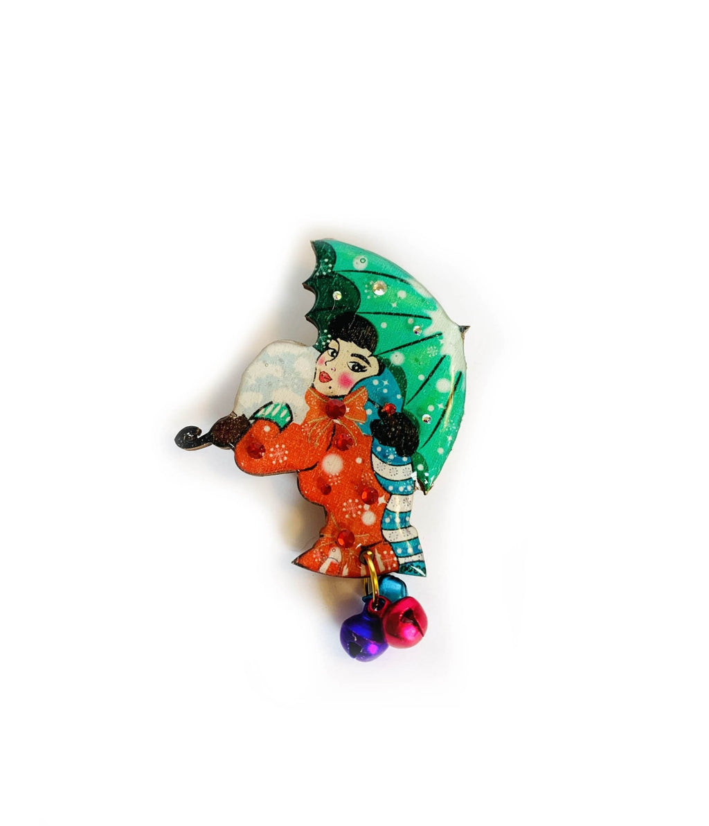 Winter Umbrella Christmas Brooch - Unique Vintage - Womens, ACCESSORIES, JEWELRY