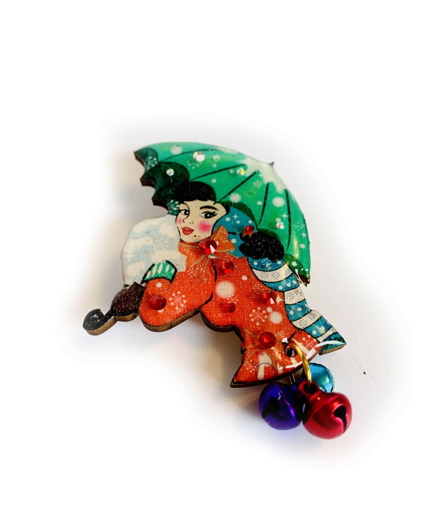 Winter Umbrella Christmas Brooch - Unique Vintage - Womens, ACCESSORIES, JEWELRY