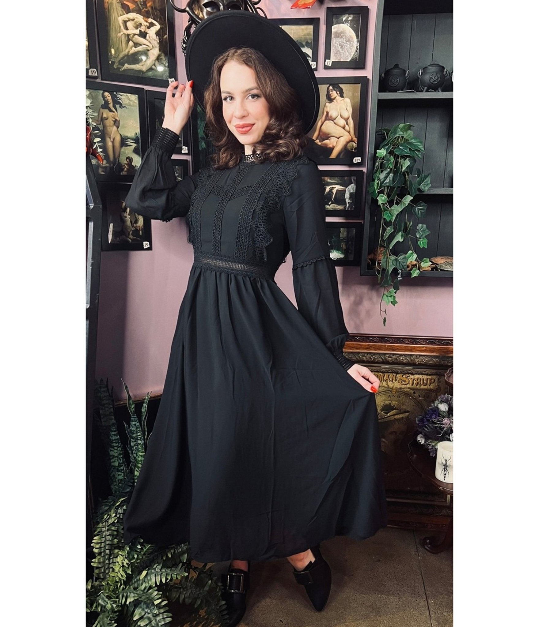 Witchwood Bags Black Agatha Witchy Dress - Unique Vintage - Womens, DRESSES, MIDI