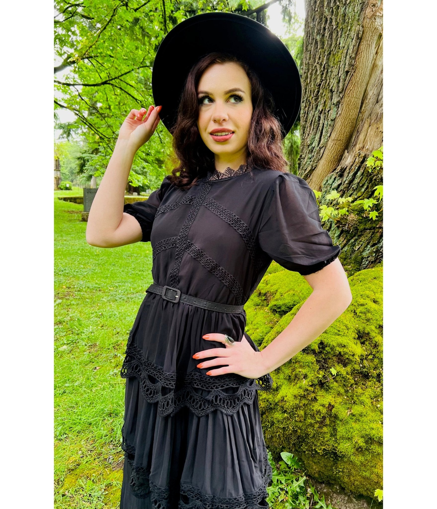Witchwood Bags Black Annabel Romantic Cottage Goth Tiered Dress - Unique Vintage - Womens, DRESSES, FIT AND FLARE