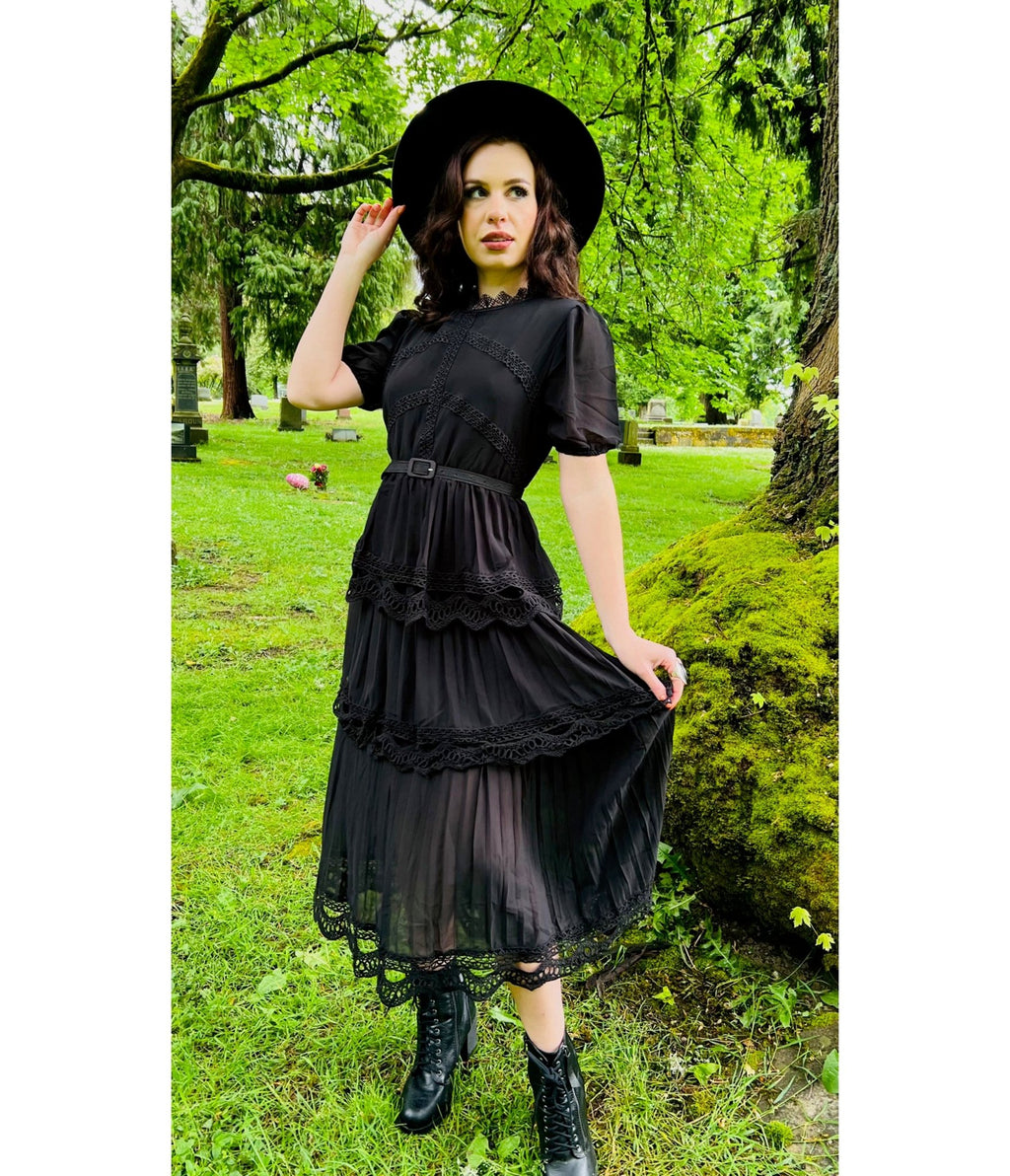 Witchwood Bags Black Annabel Romantic Cottage Goth Tiered Dress - Unique Vintage - Womens, DRESSES, FIT AND FLARE